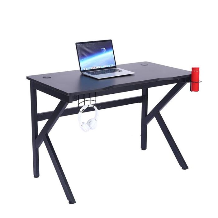 Bureau gamer 110x60x75cm table ordinateur gaming avec passe-câbles, porte-gobelet et support casque