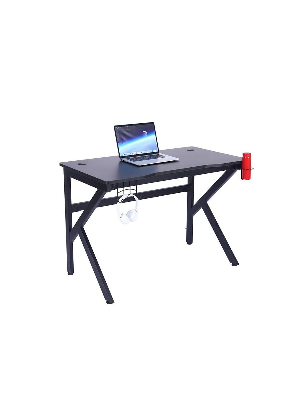 Bureau gamer 110x60x75cm table ordinateur gaming avec passe-câbles, porte-gobelet et support casque