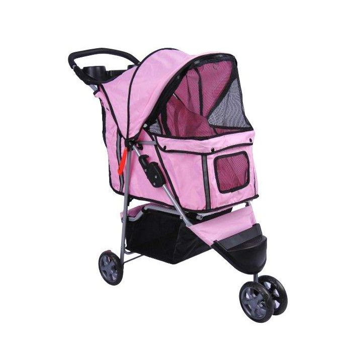 Poussette pour animaux à 3 roues, coloris rose