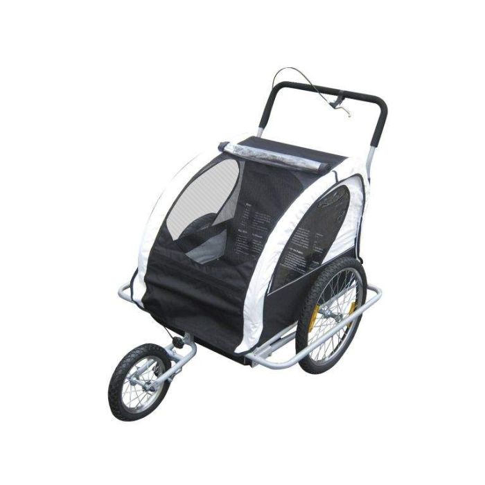 Remorque velo 2 en 1 convertible en poussette et jogger pour deux enfants coloris Blanc Noir BC ELEC