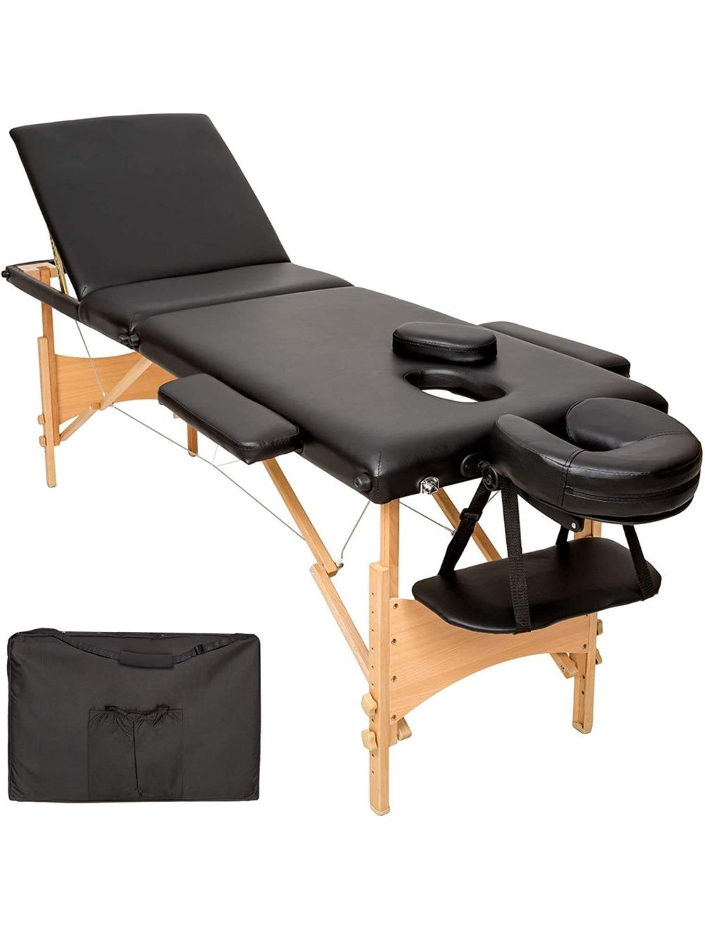 Table de massage pliante en bois 210x80x93cm, Noir, 120kg max, Mousse 9cm