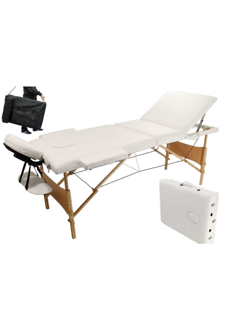 Table de massage pliante en bois 210x100x100cm, Blanc, 250kg max, Mousse 10cm